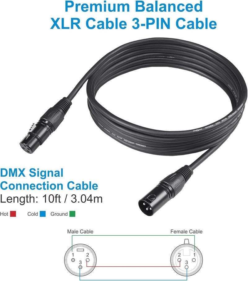 GZhumin 10ft/3.04m DMX Cable, 4 Pack, 3.04m DMX Cables, 3 Pin XLR Male to Female, Shielded, Soft PVC Sheath, Sturdy Metal Connector, Ideal for Stage & DJ Lighting - Image 2